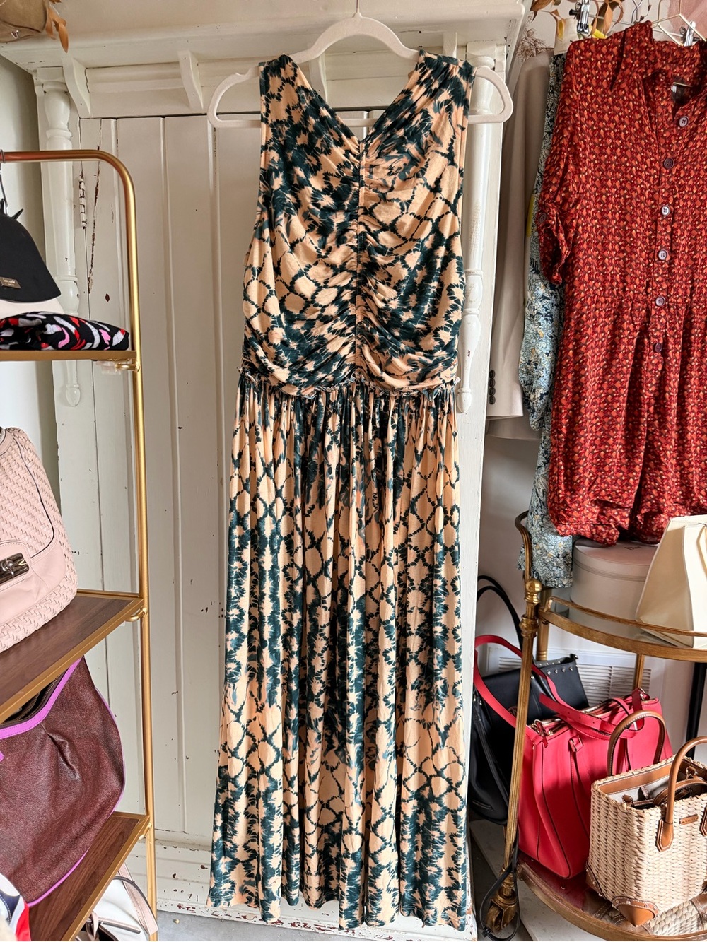 Ulla Johnson Sleeveless Ruched Maxi Dress in Beige and Dark Green